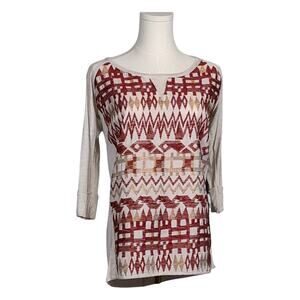 Dolan Anthropologie Size Small Blouse Aztec Pattern 3/4 Sleeve Tan Red Gold